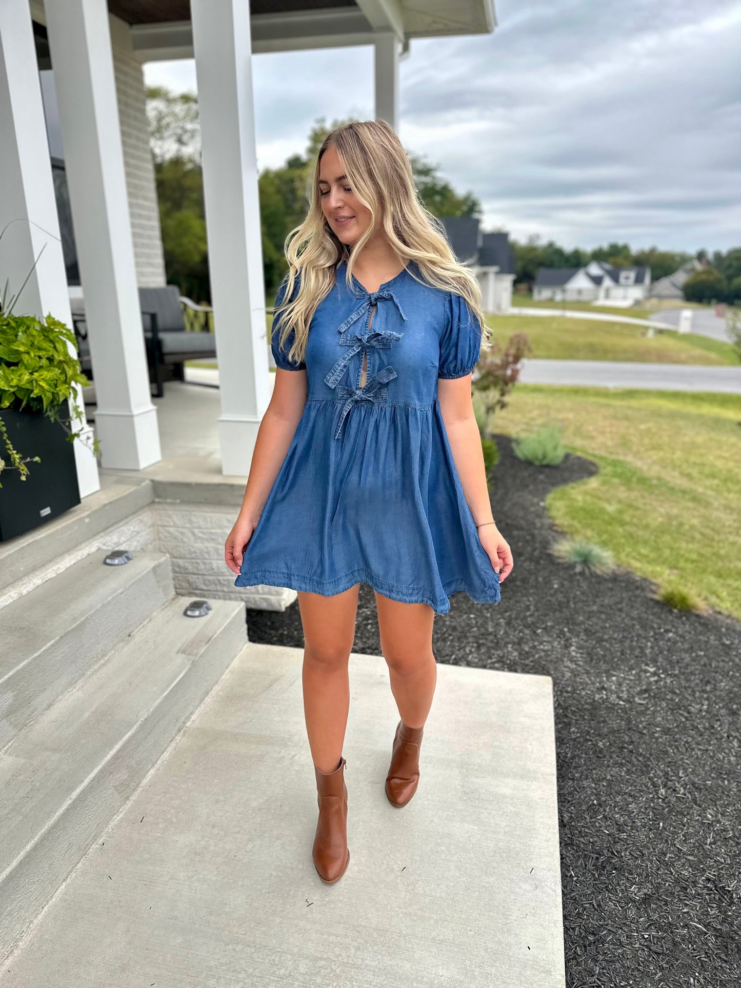 Bow Detail Chambray Dress