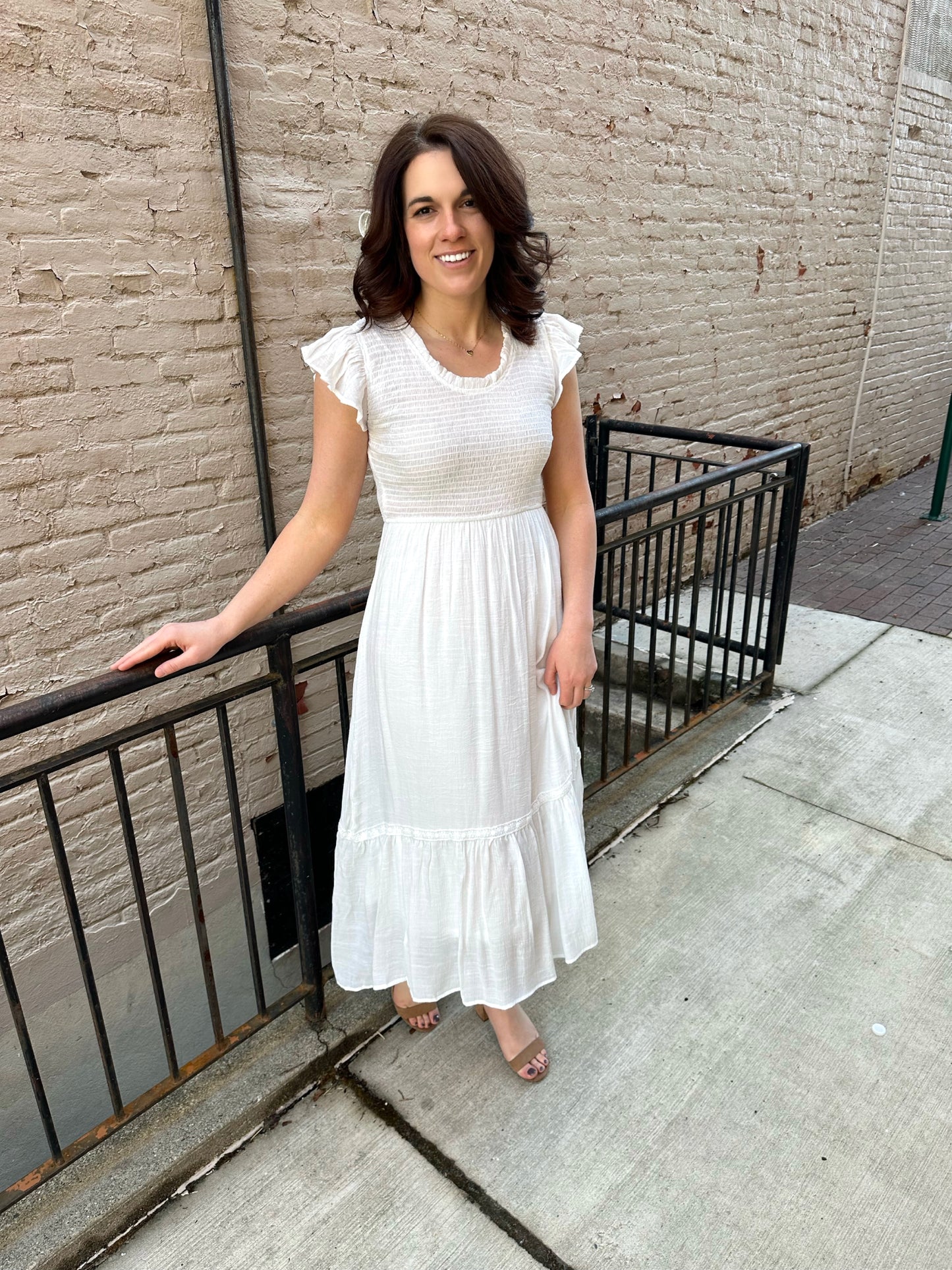 White Plains Smocked Midi Dress