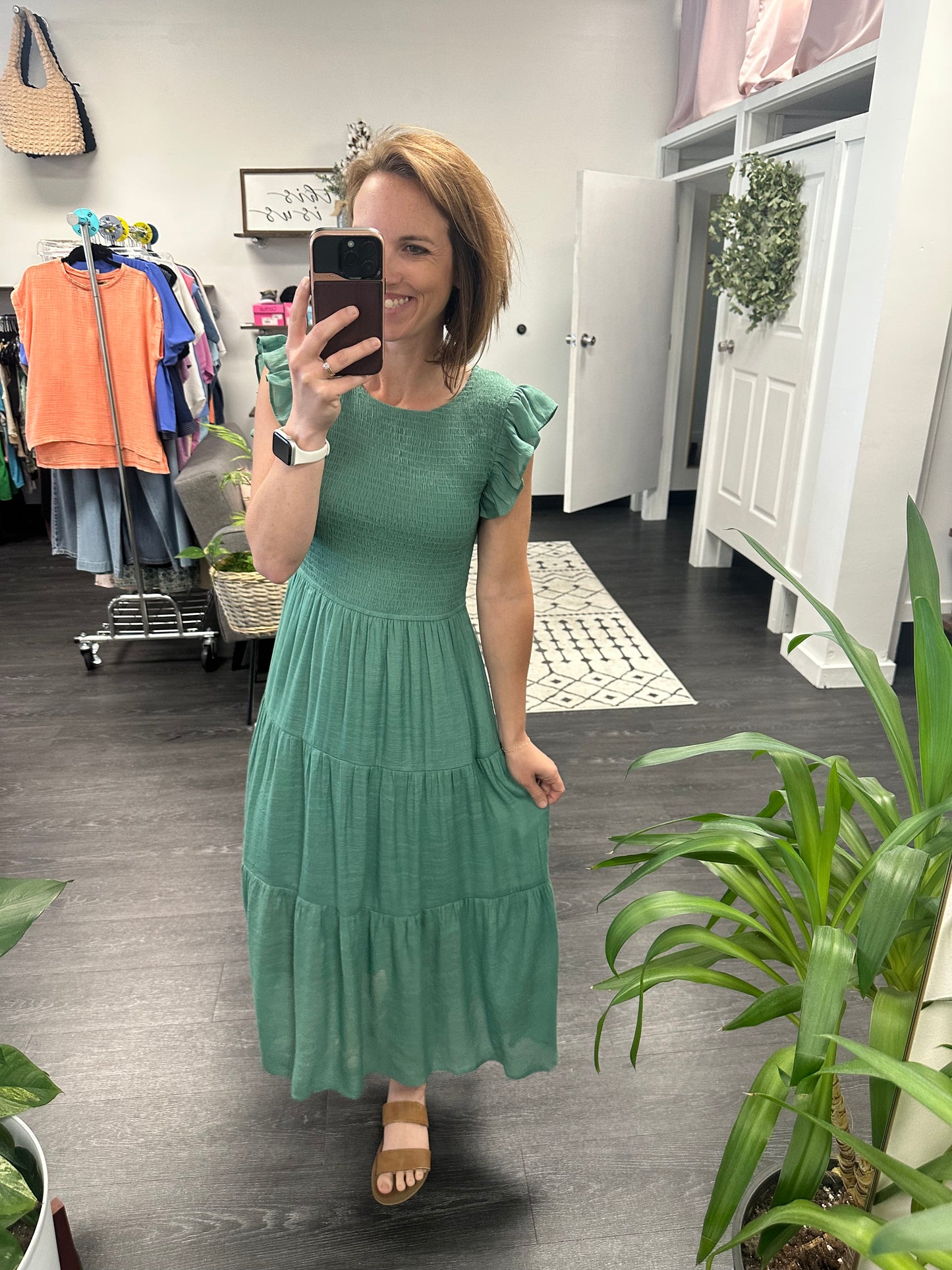 Smocked Ruffle Sleeve Midi Dress