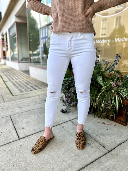 KanCan White Mid Rise Distress Ankle Skinny