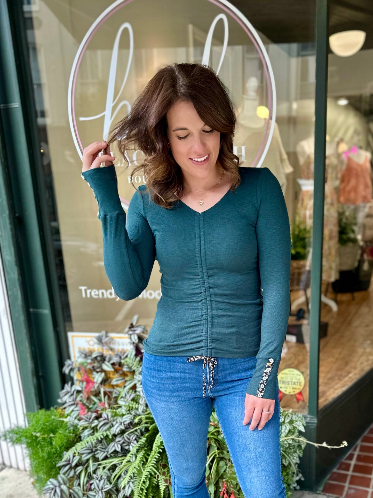 Cinched Drawstring Long Sleeve Top