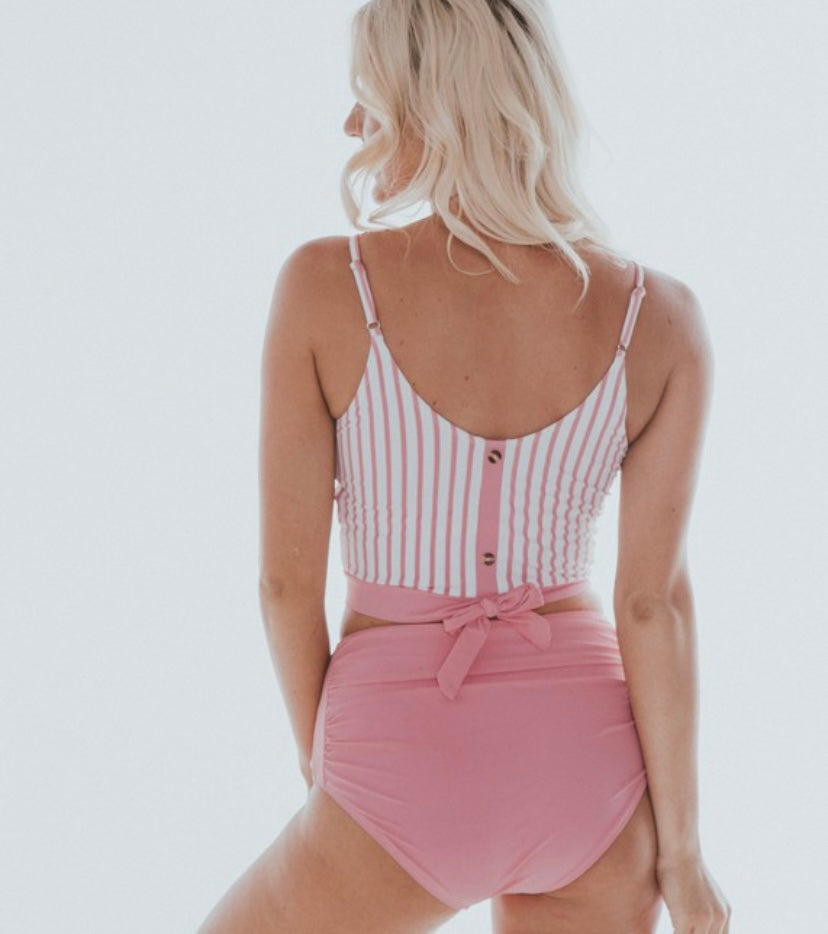 Coral Reef Knotted Button Striped Swim Top