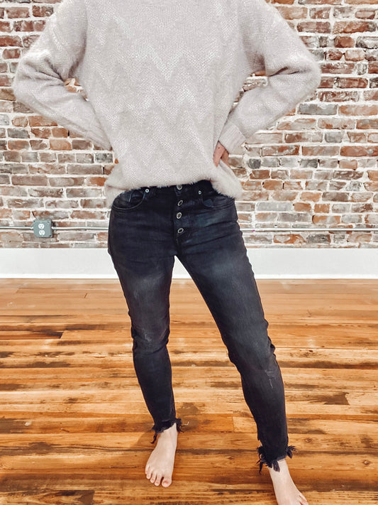 Risen Button Fly Raw Hem Skinny Jeans