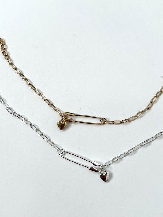 Heart Charm Safety Pin Bracelet