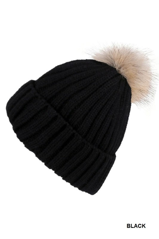 Ribbed Knitted Pom Pom Beanie