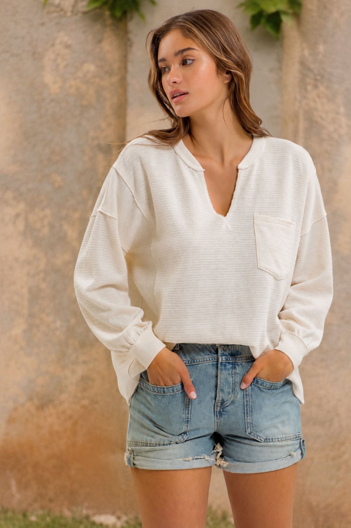 Cameron Patchwork Split Neck Top