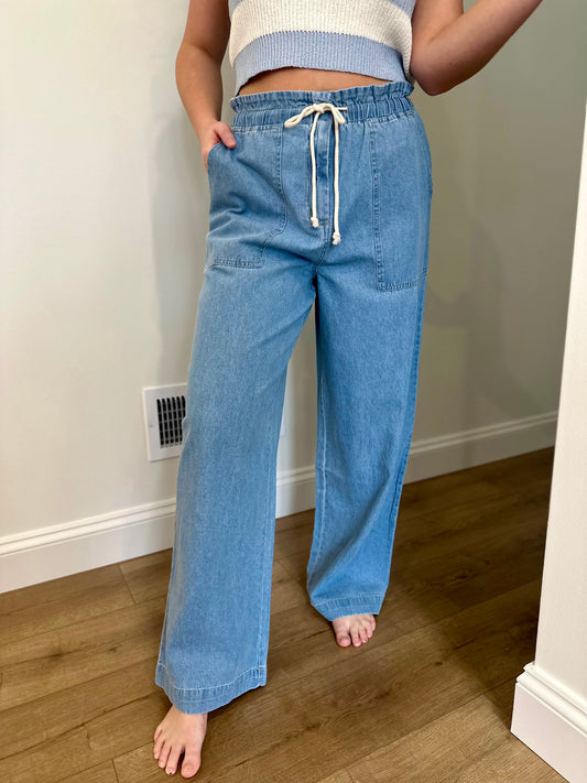 Patch Pocket Wide-Leg Denim Pants