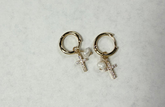 Pave CZ Cross & Pearl Huggie Earrings
