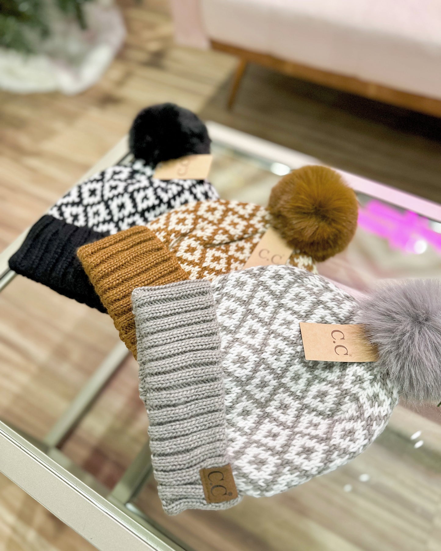 CC Diamond Pattern Fur Pom Beanie