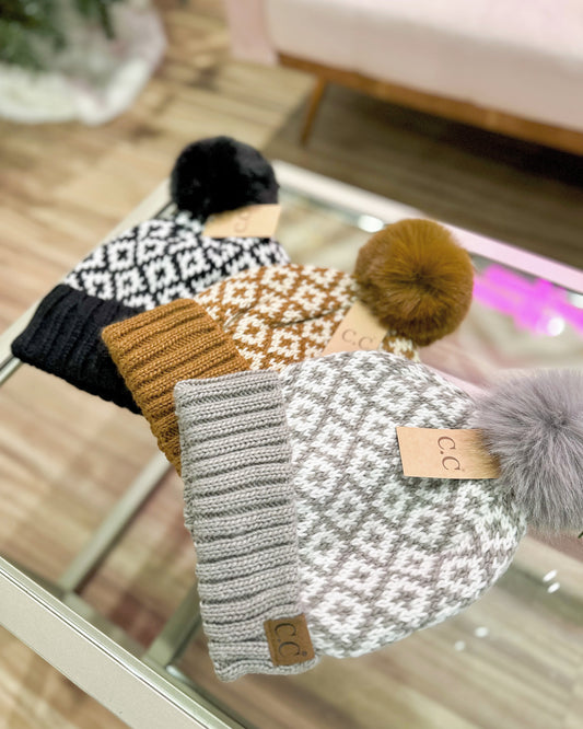 CC Diamond Pattern Fur Pom Beanie