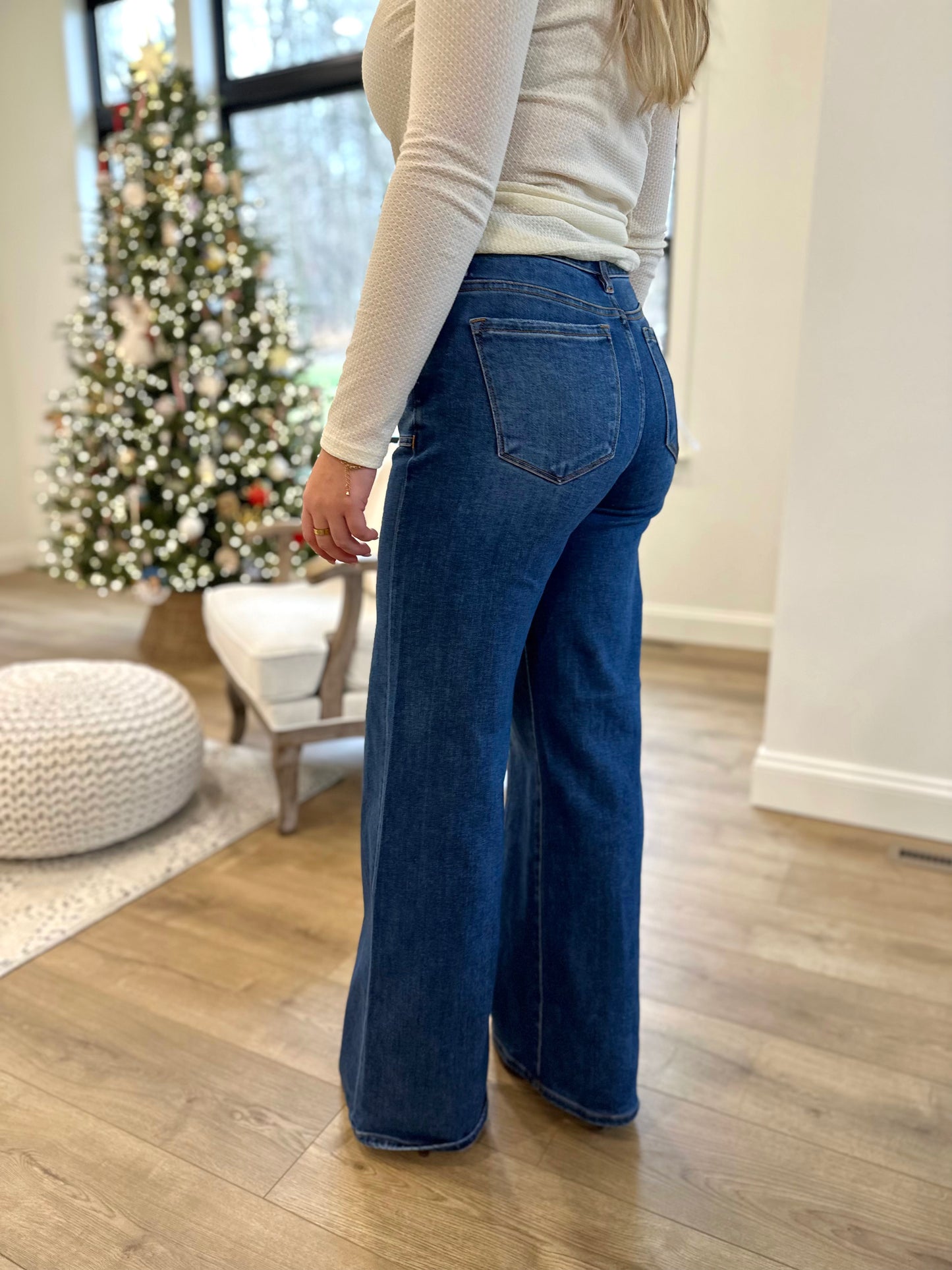 Risen White Oak Mid Rise Wide Jeans with Front Patch Pockets