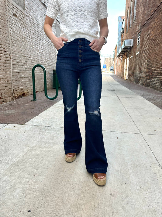 KanCan Petite High Rise Button Fly Flare Jeans