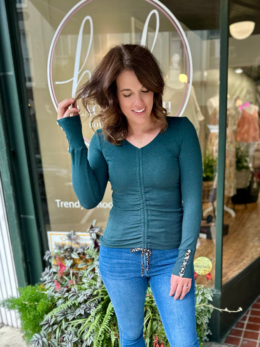Cinched Drawstring Long Sleeve Top