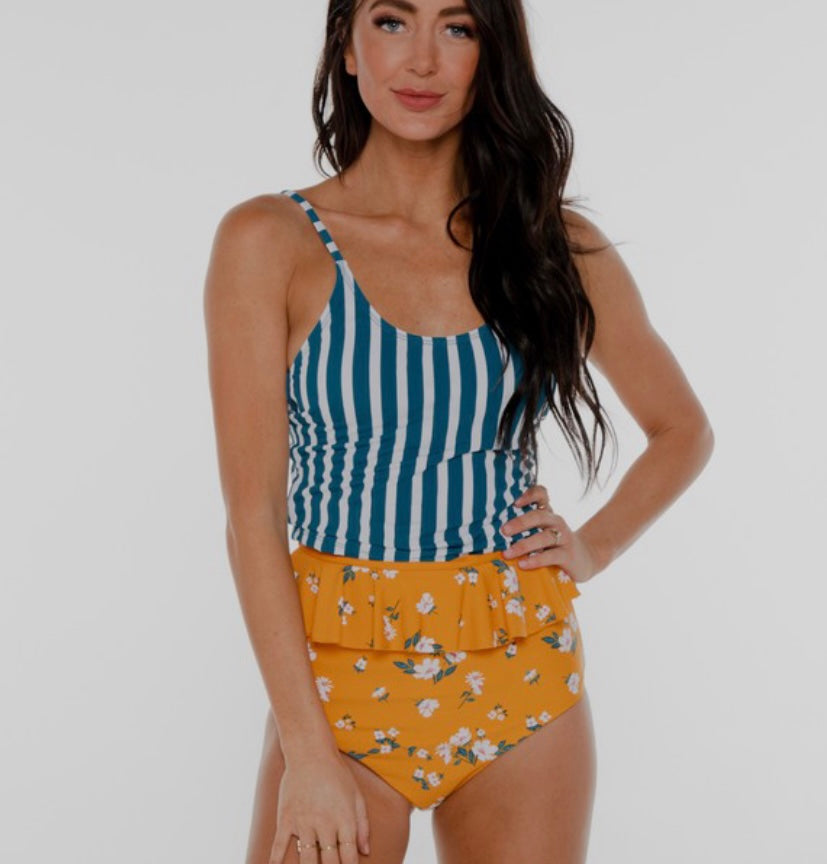 Coral Reef Tie Up Striped Swim Top