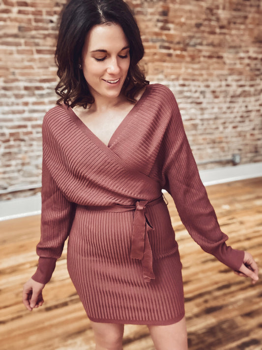 Belted Off The Shoulder Knit Dress